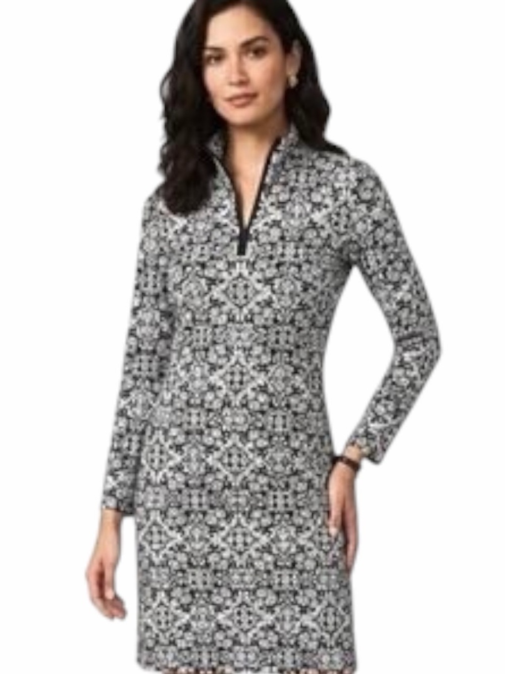 J.McLaughlin Black & Cream Sugar Damask Long Sleeve Catalina Cloth Bedford Dress